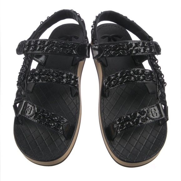 CHANEL Lambskin Chain Black on Black Quilted Dad Velcro Sandals - Picture 2 of 13
